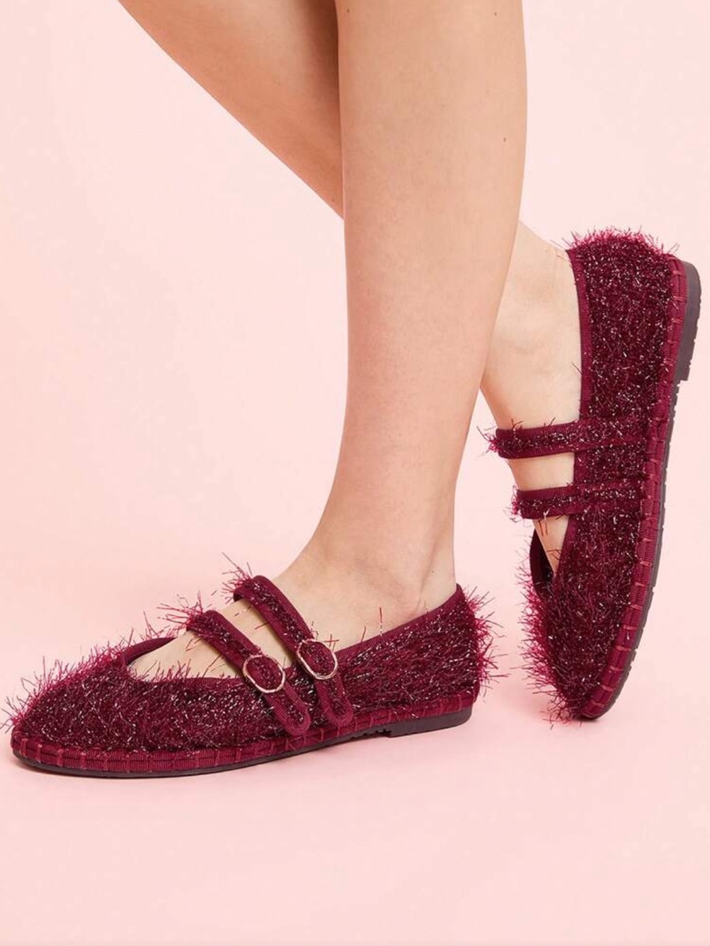Women's Burgundy Fuzzy Double-Strap Mary Jane Flats